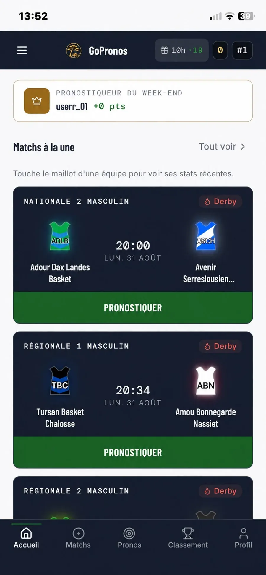 Écran d'accueil de l'application GoPronos