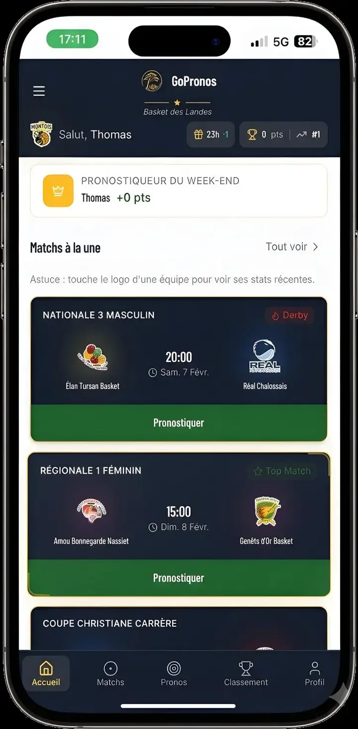 Écran d'accueil de l'application GoPronos
